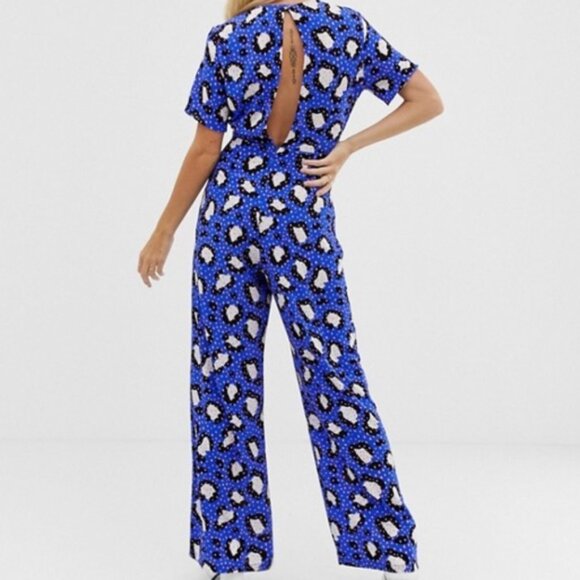 ASOS Electric Blue Pink Animal Print Polka Dot Wide Leg Jumpsuit 6 - Picture 2 of 13